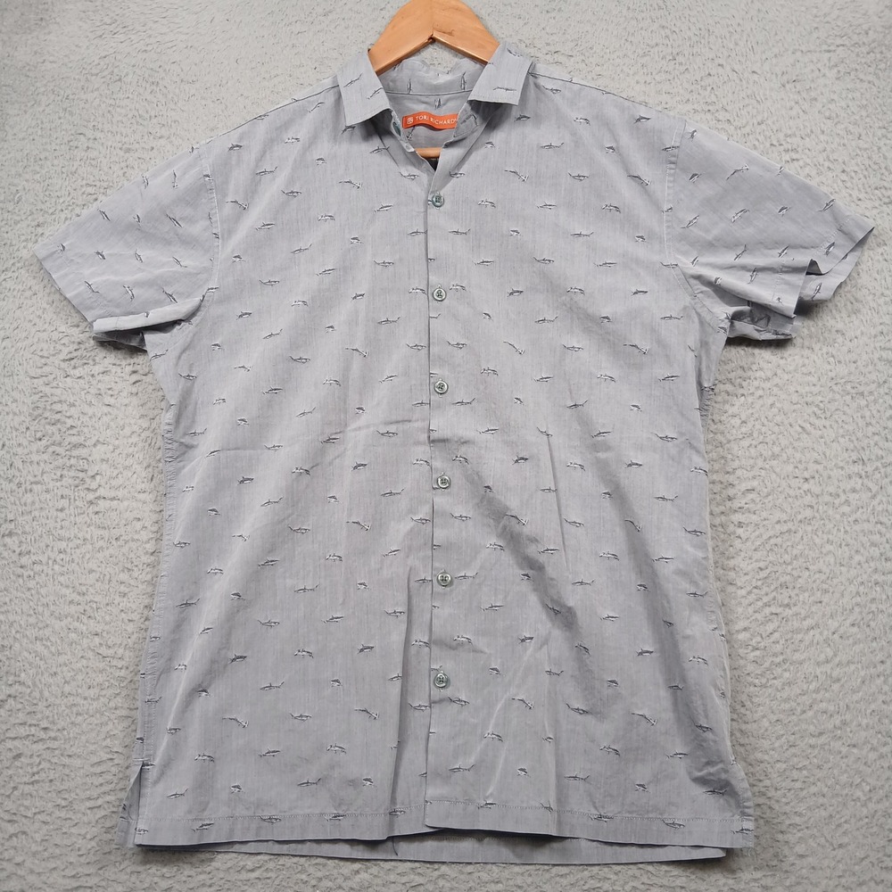 Tori Richard Button Up Shirt Mens Gray Shark Print Short Sleeve Cotton - Picture 2 of 9